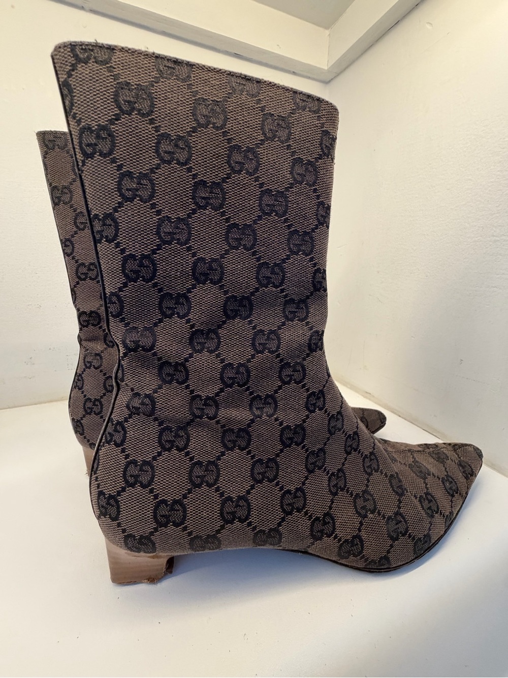 Gucci Brown GG Monogram Mid-Calf Heeled Boots - As Is
